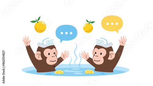 Two cute monkeys soaking in an outdoor hot spring with yuzu citrus fruits and towels on their heads while chatting with speech bubbles on white.