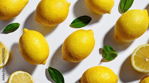 Fresh Yellow Lemons with Green Leaves on a White Surface