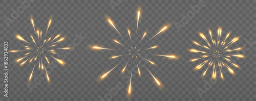 Three minimalist golden fireworks on dark background. Different shapes and sizes with bright glowing bursts for celebration design.