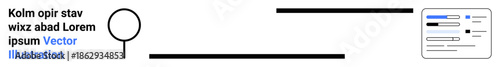 Information retrieval, user interactions, digital search, data exploration, web navigation, online research. Magnifying glass and form interface linked with lines. Information retrieval and user