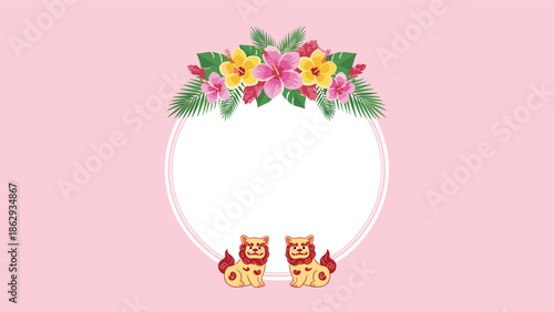 Round white frame on a pink background decorated with a pair of cute shisa guardian dogs at the bottom and tropical hibiscus flowers at the top.