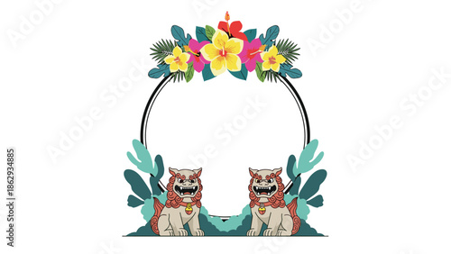 Elegant circular frame flanked by two shisa guardian dogs and topped with a lush arrangement of tropical flowers and palm leaves for exotic themes.