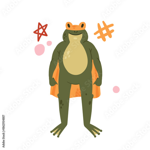 Cute green frog superhero, brave animal character in hero costume and mask vector illustration