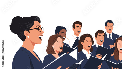 Diverse group of enthusiastic individuals joyfully singing together in a choir, led by a female conductor with glasses, holding sheet music.