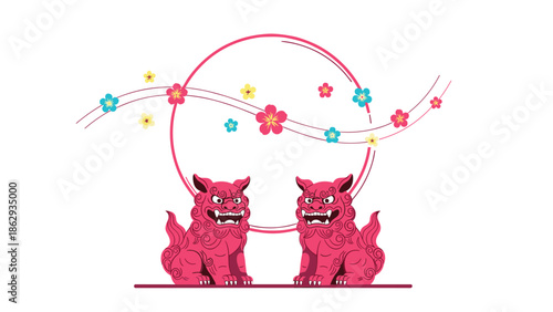 Traditional Japanese composition featuring a pair of pink shisa guardian dogs sitting in front of a round frame decorated with floating cherry blossoms.