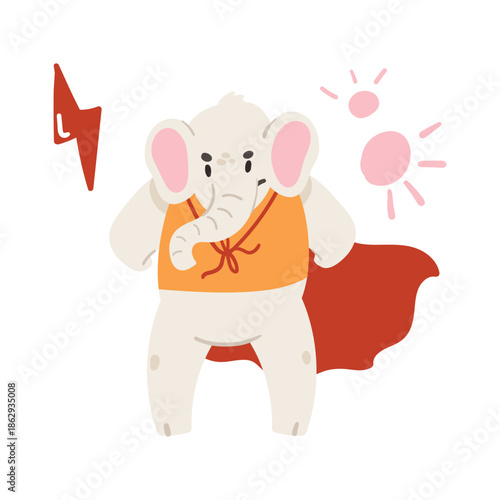 Cute elephant in red superhero cape standing in brave strong pose vector illustration