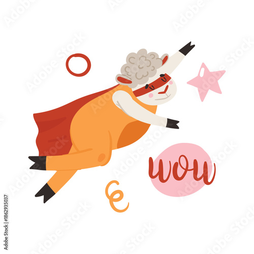 Cute brave sheep in superhero mask and cape flying to protect kids vector illustration