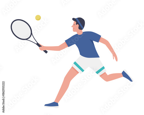 Man playing tennis on court, active male player running after ball vector illustration
