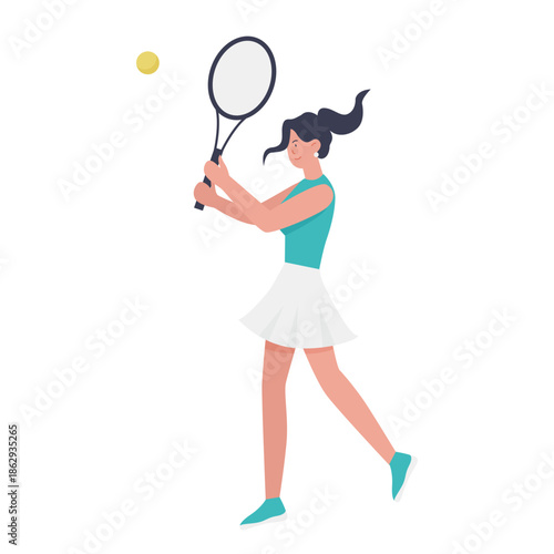 Woman with racket playing tennis, action of female player hitting ball vector illustration