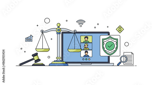 Modern legal concept illustration depicting a justice balance scale, a gavel, and a laptop with a video conference, representing online justice and digital law.