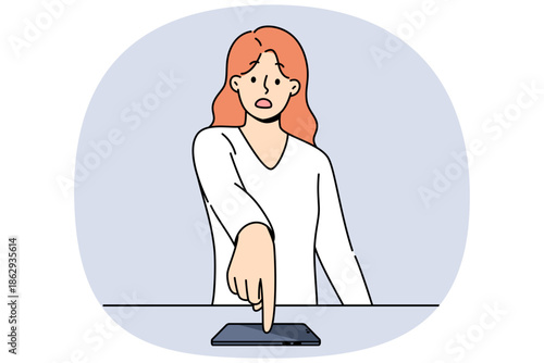 Indignant woman points finger at mobile phone after learning about leak of confidential information from applications. Smartphone near girl, feeling indignant because of increase in phone tariffs