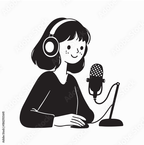 Podcast Host Girl Cartoon Illustration on White Background