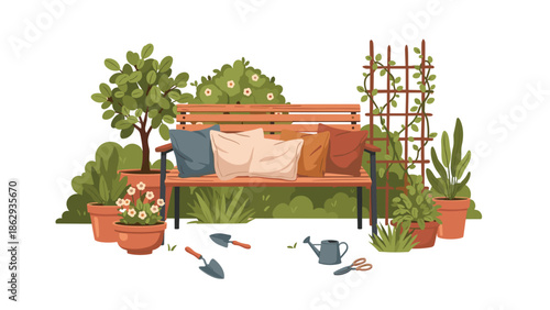Inviting garden bench adorned with colorful pillows, nestled amidst an array of potted plants and essential gardening tools, creating a serene outdoor oasis.