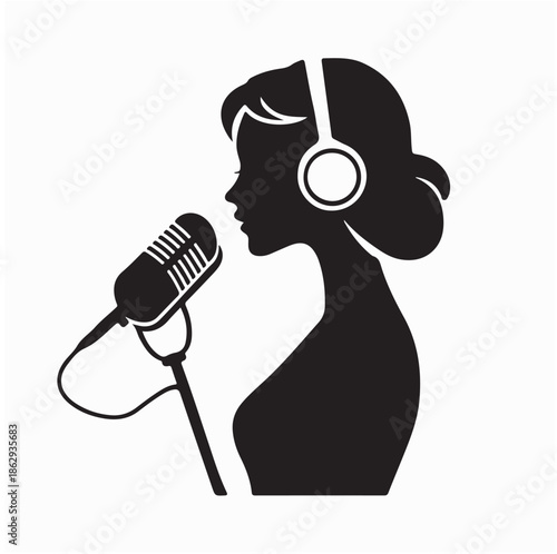 Podcast silhouettes hosts and guests recording with microphones and headphones 