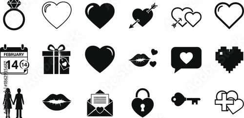 Valentine's Day symbols and heart icons for love and romance designs