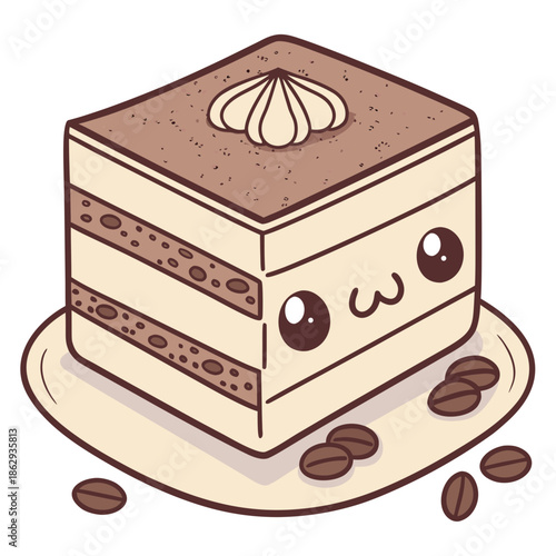 Sweet and delightful Kawaii Sticker showcasing an adorable tiramisu cake slice illustration with a charming happy face, perfect for foodies