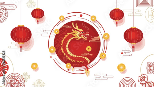 Illustration of a dragon surrounded by red lanterns and festive decorations celebrating Chinese New Year or Lunar New Year with a vibrant and cultural theme.