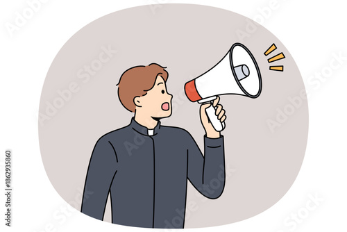 Man shepherd shouts into megaphone, announcing start of religious sermon in catholic religious church. Guy dressed as catholic clergyman is trying to attract new followers of christianity.