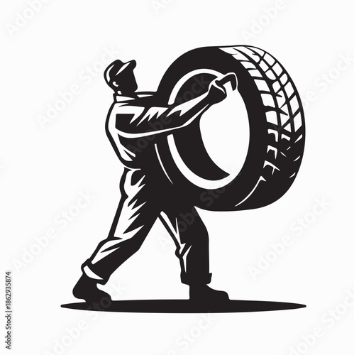 Men Mechanic Holding Car Tire Vector Illustration on white Background