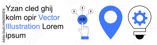Human resources, business processes, innovation, technology systems, decision-making, location services. HR icon, a map marker and a lightbulb icon with gear. Human resources and innovation concepts