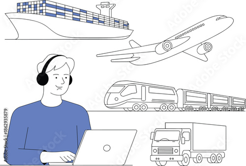 Global logistics transportation illustration showing freight ship airplane train truck and operator managing supply chain shipping transport network vector design concept