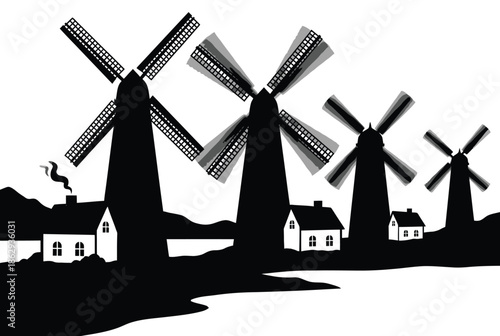 Windmills overlooking rural homes isolated on white background, Vector, illustration