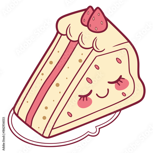 Adorable Kawaii Sticker of a Delicious Slice of Strawberry Cream Cake with a Happy Face, Perfect for Sweet Dessert Designs and Cute Food Illustrations