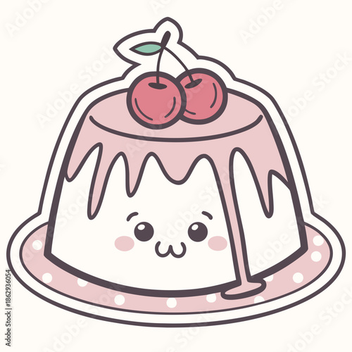 Adorable pink pudding dessert Kawaii Sticker with happy face and sweet cherry topping, perfect for delightful food-themed designs and cheerful digital assets