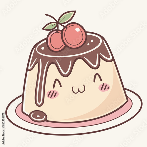 Sweet Kawaii Sticker Adorable smiling custard dessert, artfully decorated with rich chocolate syrup and vibrant red cherries, a delightful food illustration