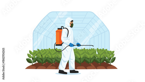 Essential agricultural worker in a full hazmat suit diligently spraying plants inside a controlled greenhouse environment, ensuring crop health and safety.