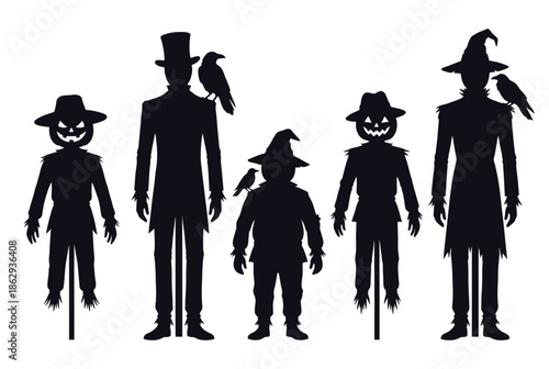 Silhouettes of halloween characters isolated on white background, Vector, illustration
