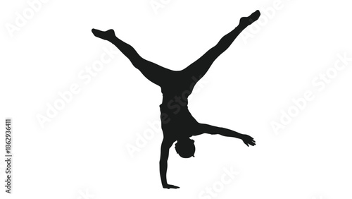 Silhouette of a person performing a handstand against a white background