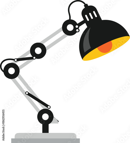 Modern adjustable desk lamp illustration, black office lighting equipment, creative workspace concept, industrial task light isolated white background, vector design