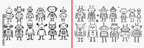 cute robot illustration, robot doodle vector, hand drawn robot set, kids robot cartoon, kawaii robot characters, robot line art, playful robot icons, robot sketch drawing, cartoon robot bundle, robot 