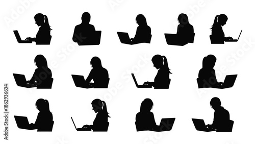 Silhouettes of people working on laptops in various poses and positions