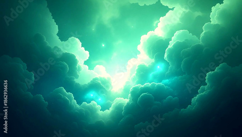 Clouds illuminated by a radiant light from within a dense, green-hued atmosphere viewed from below