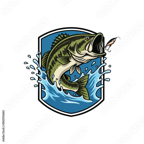 Realistic digital illustration of a largemouth bass leaping out of clear blue water with a fishing lure caught in its mouth during a sunny day
