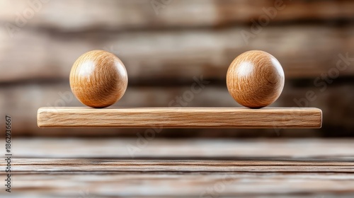 Two wooden balls perfectly balanced on a minimalist wooden bar symbolize harmony and equilibrium in design, reflecting principles of stability and simplicity in decor.
