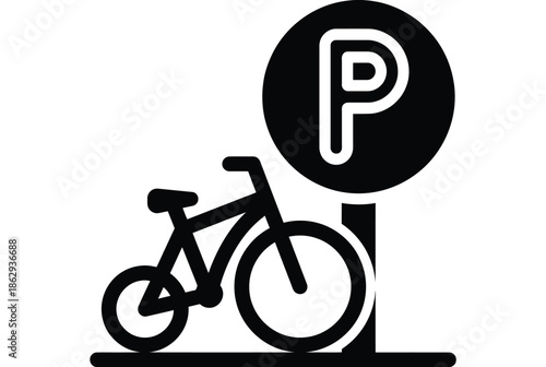 Bicycle parked near parking sign isolated on white background, Vector, illustration