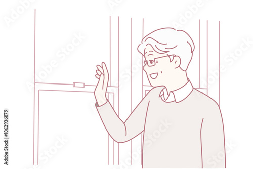 Sunrise greeting joy, Happy person waving at sunrise, Bright morning sun illuminated scene with joyful waving person, Cheerful dawn illumination where someone waves happily amid bright sunlight