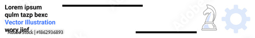 Strategy, process management, business planning, decision-making, teamwork, innovation. Chess knight symbol and gear icon with placeholder text. Strategy and process management concept