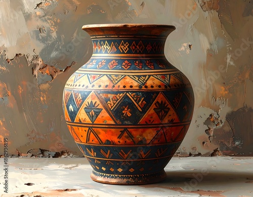 Ornate, antique pottery vase with geometric patterns