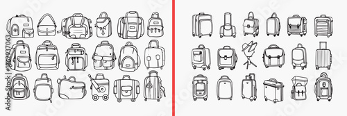 school bag illustration vector, backpack doodle icons, student bag sketch art, travel backpack illustration, luggage bag vector set, school accessory icons, bag clipart collection, backpack graphic el