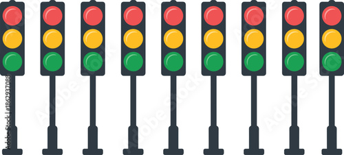 Traffic light set illustration showing red yellow green signals on poles road safety transportation control urban street regulation vector icon collection