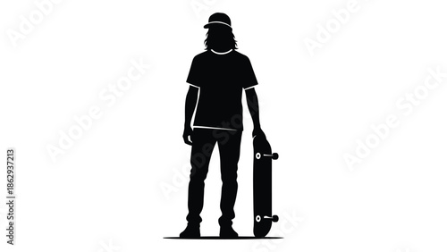 Silhouette of a skateboarder casually standing with their board in hand