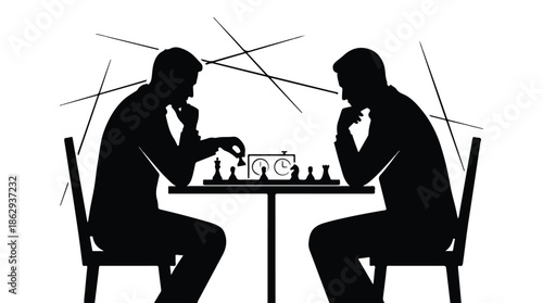 Silhouette of two people playing a chess game 