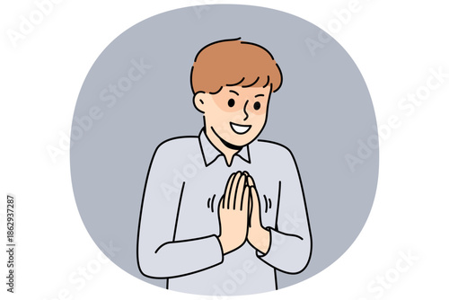 Cunning little boy rubs palms having come up with insidious plan to get good grade at school. Cunning child with bad upbringing is about to commit prank or sneaky act to achieve goal