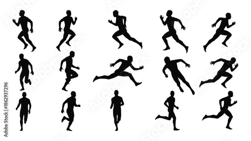 Silhouettes of people in various running and walking poses depicted in black