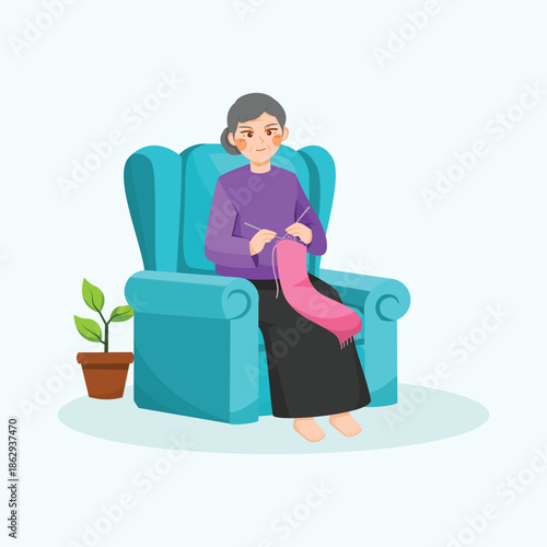 A flat illustration of an elderly woman sitting comfortably on a chair, representing relaxation, senior lifestyle, and home comfort.