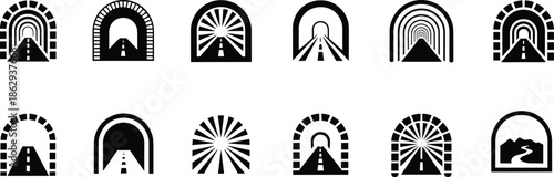 Tunnel road icon set illustration showing highway passages arches perspective views transportation infrastructure symbols black white minimal vector design collection